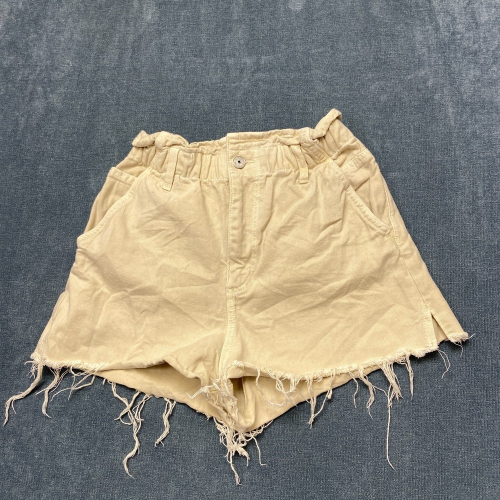 Zara Denim Shorts Womens 4 Beige High Rise Pockets Paperbag Waist Frayed Hem